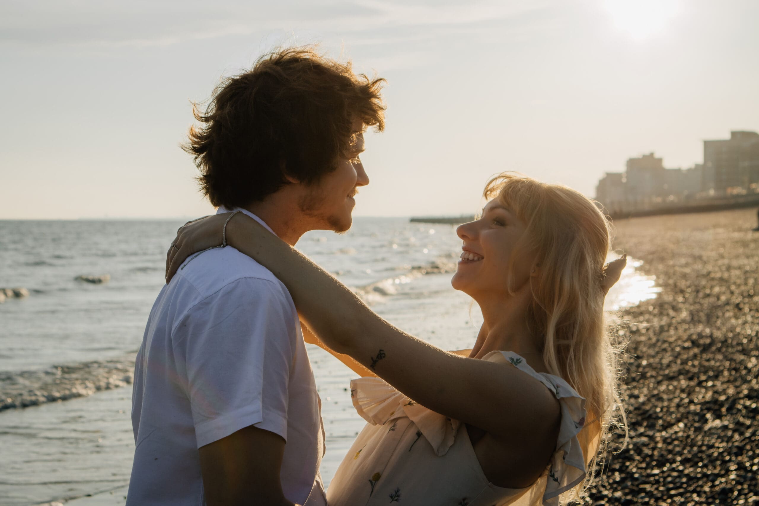 golden hour couple photoshoot brighton beach engagement photoshoot